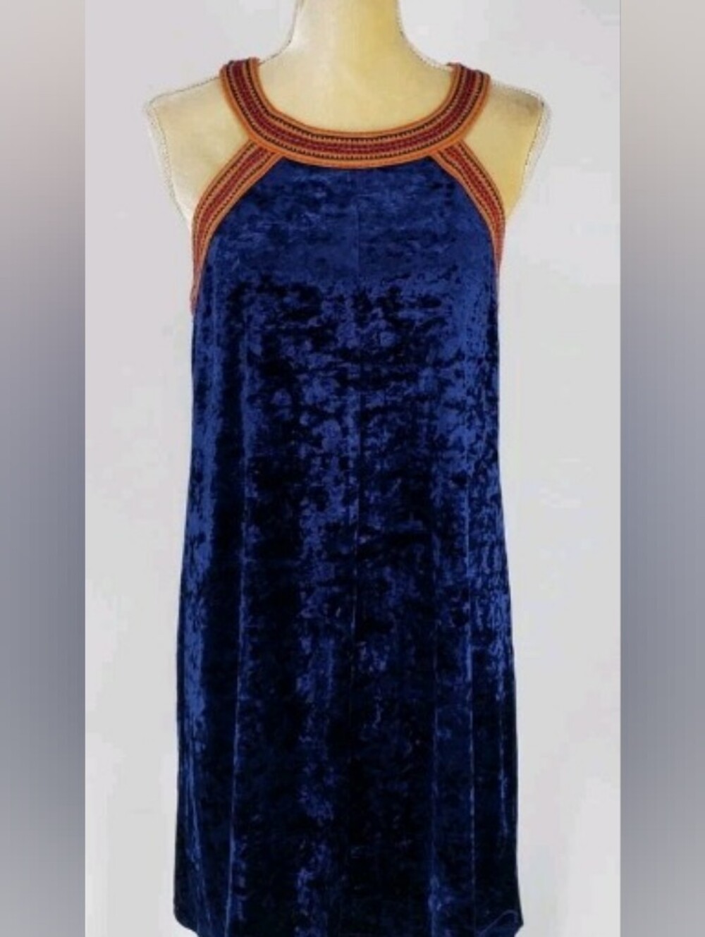 Anthropologie HTML Cleopatra Blue Velvet Halter Dress w/ Orange Trim NWOT Size M